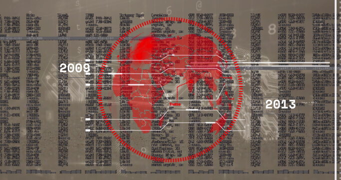 Displaying red world map in segmented red circle frame on infographic, with trade links 2009-2013