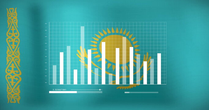Naklejki Displaying flag emblem with progress bar and bar chart on digital teal-blue field with gold stripe