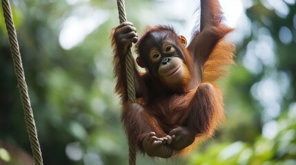 Naklejka premium Young orangutan swinging from ropes in a jungle setting.