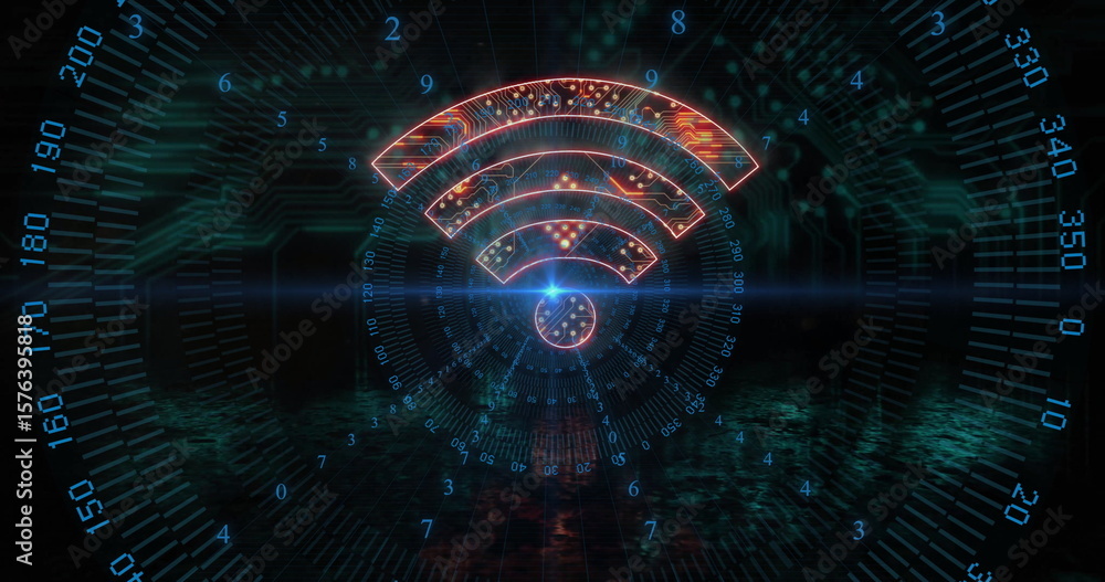 Poster pulsing orange-red wifi symbol shining amid virtual scene, with data rings and floating digits