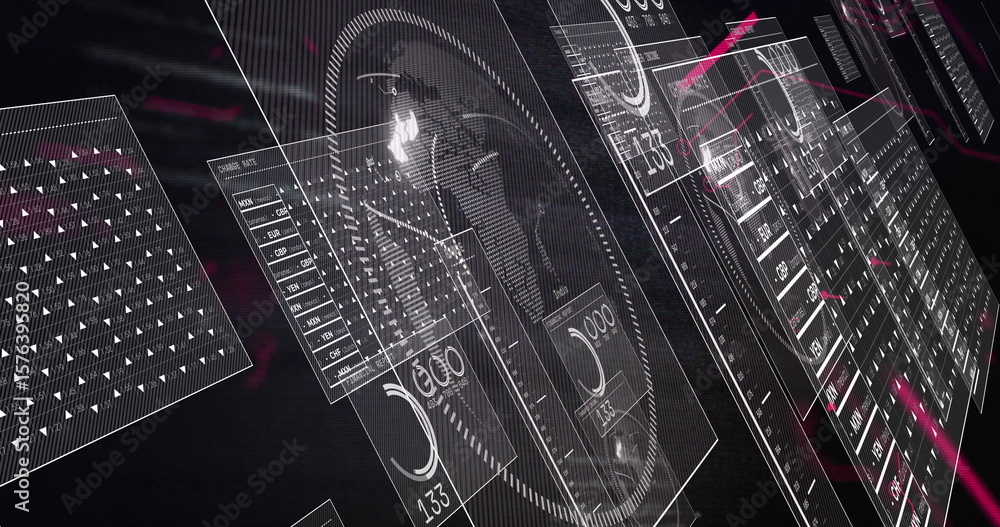 Aufkleber displaying holographic panel rotating in dark void, with circular world map gauge and neon streaks