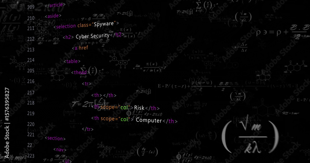 Aufkleber displaying html code and math formulas on black screen, with spyware class tags and chemical rings