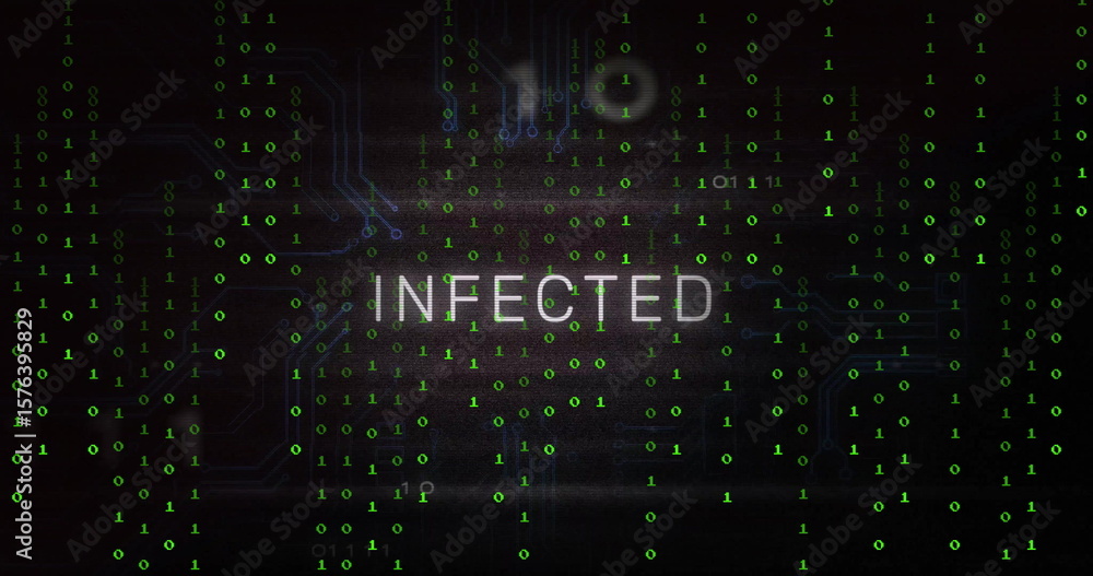 Poster Displaying bold white INFECTED text floating in cyberspace system with cascading green binary code