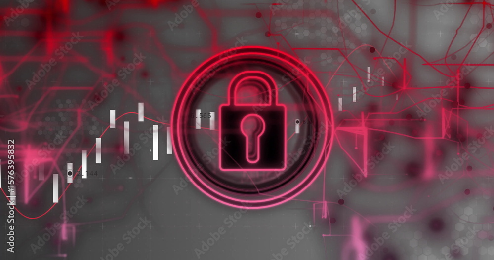Poster displaying neon padlock icon in rings on digital interface with candlesticks and red line graph