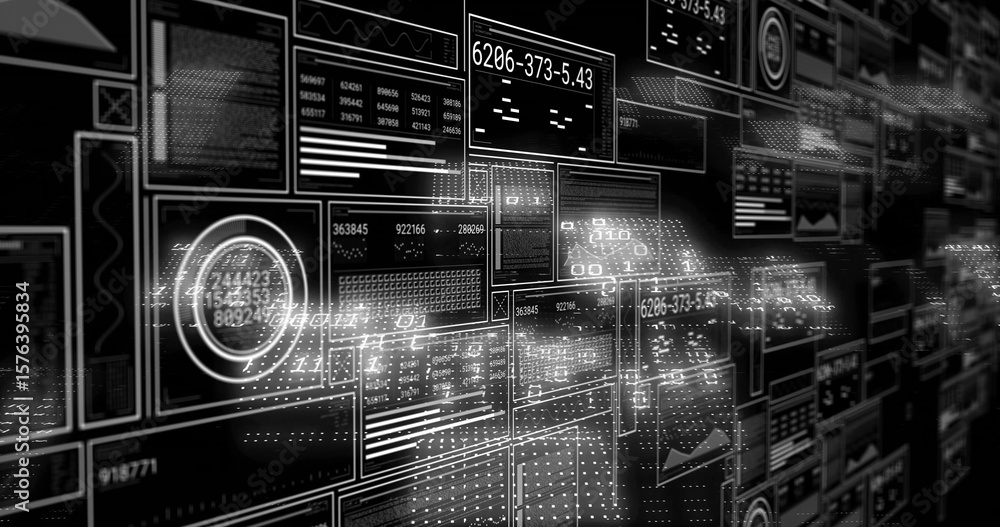 Poster projecting translucent data panels floating in control matrix, with hud interface and waveforms