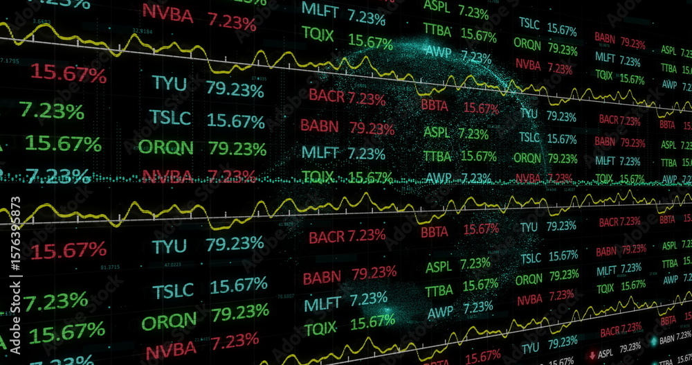 Poster displaying grid screen tracing trends in trading desk, with stock ticker symbols yellow line graphs