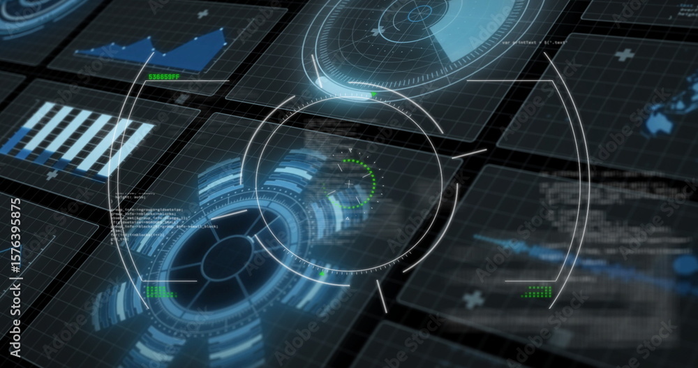 Poster Displaying central HUD interface glowing on dark grid with data panels, line graph and code blocks