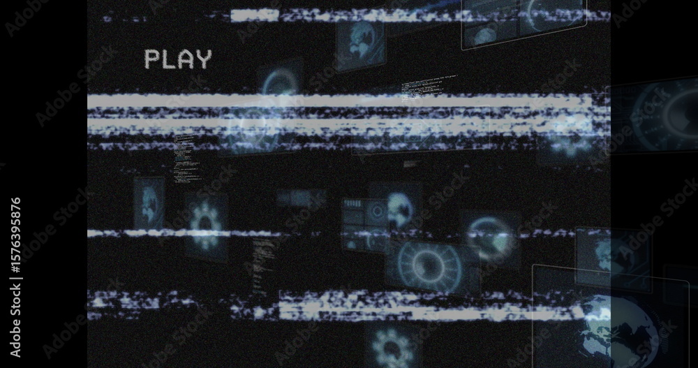 Poster flickering glitchy static bars with ui panels in vr display, showing pixelated play text plus code