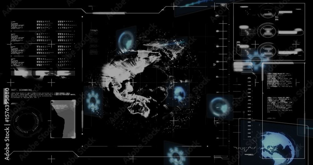 Fototapete displaying central fractal hologram on control dashboard, with code panels and gauge diagrams