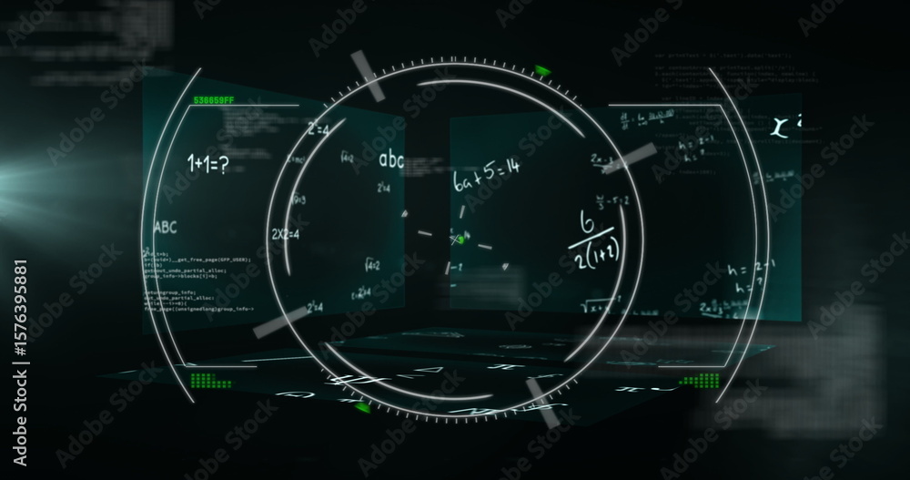 Poster displaying central circular hud projecting transparent panels in virtual space, with math formulas