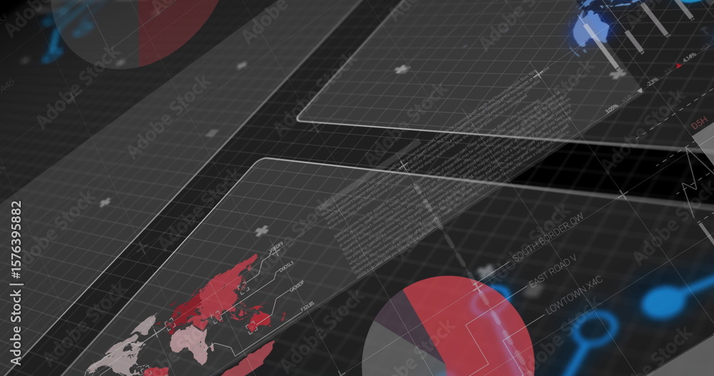 Poster Displaying central data panel floating in futuristic interface, with world map and node graphs