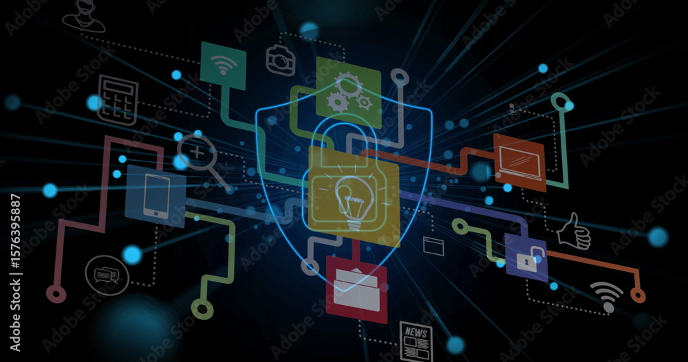 Poster displaying digital shield and padlock graphic at virtual interface, with network lines, data nodes