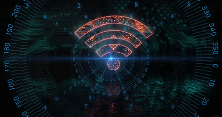 Pulsing orange-red WiFi symbol shining amid virtual scene, with data rings and floating digits
