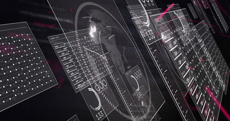Displaying holographic panel rotating in dark void, with circular world map gauge and neon streaks