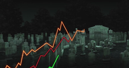 Displaying mausoleum standing by fence at nighttime cemetery with tombstones and jagged line graphs