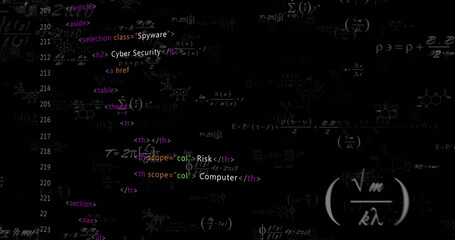 Displaying HTML code and math formulas on black screen, with Spyware class tags and chemical rings
