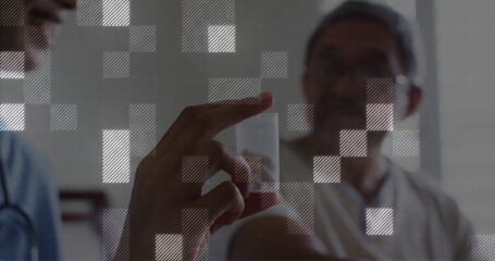 Holding doctor wearing blue scrubs presenting red and white capsule in clinic, with pixel grid