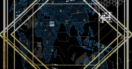 Showing glowing world map overlaying digital dashboard, with data nodes and honeycomb patterns