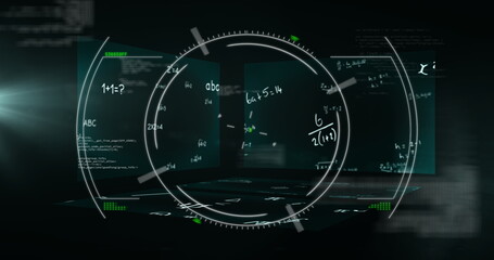 Displaying central circular HUD projecting transparent panels in virtual space, with math formulas