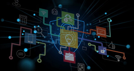 Displaying digital shield and padlock graphic at virtual interface, with network lines, data nodes