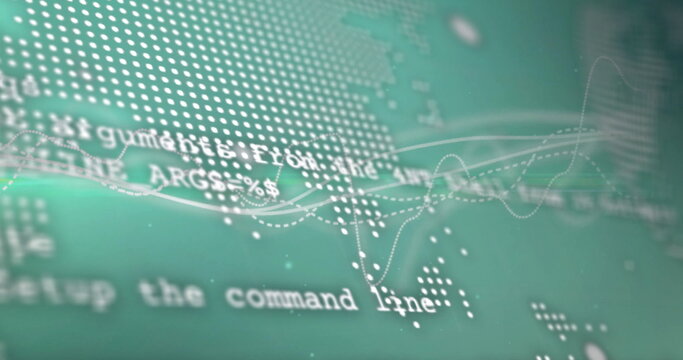 Displaying virtual interface with code snippets and waveform lines over dotted world map markers