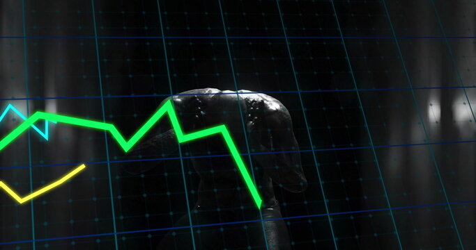Displaying metallic crocodile head rising on digital grid, neon green and yellow graphs, copy space - Powered by Adobe