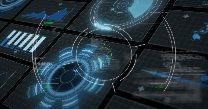 Displaying central HUD interface glowing on dark grid with data panels, line graph and code blocks - Powered by Adobe