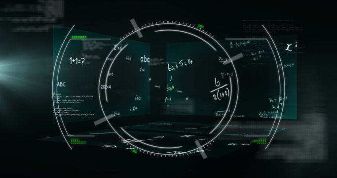 Displaying central circular HUD projecting transparent panels in virtual space, with math formulas