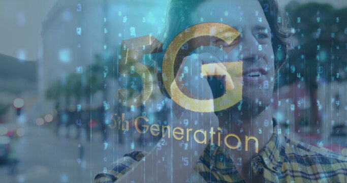 Talking bearded man holding smartphone to ear on urban street, 5G code overlay, copy space