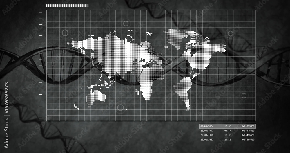 Poster displaying pixel world map on digital grid overlay showing markers, dna strands, data table
