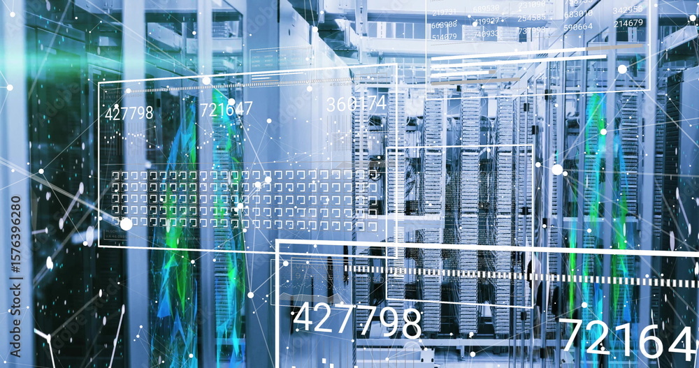 Aufkleber extending server rack rows down data center corridor, with data cables and digital overlays