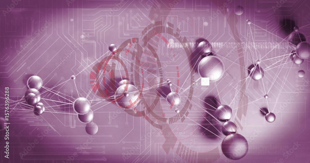 Poster hovering metallic spheres connecting through thin lines in lab, with circuit traces and hud streams