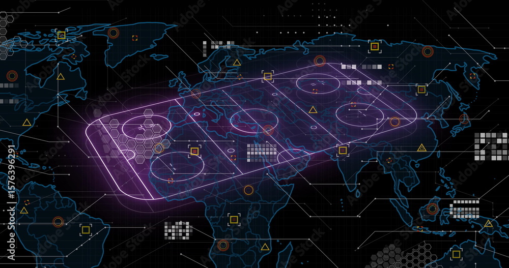 Poster magenta schematic overlaying neon world map in virtual interface, with hex grid compartments
