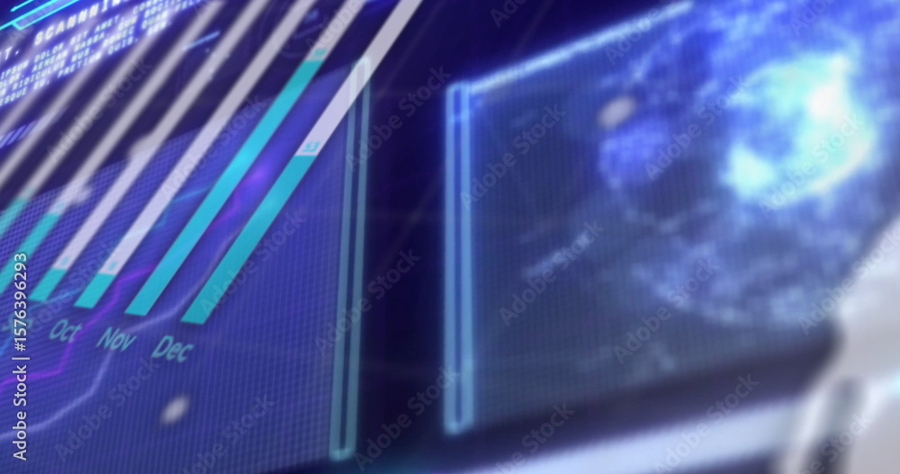 Poster Displaying holographic bar chart panel floating in grid interface, with radial data visualization