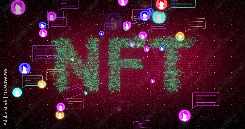 Aufkleber forming green particle nft text glowing in digital space, with neon ui elements and glowing flecks