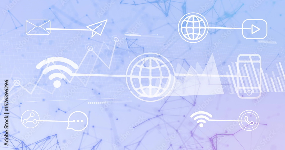 Poster displaying centered white globe icon on gradient background, with envelope, phone and wifi icons