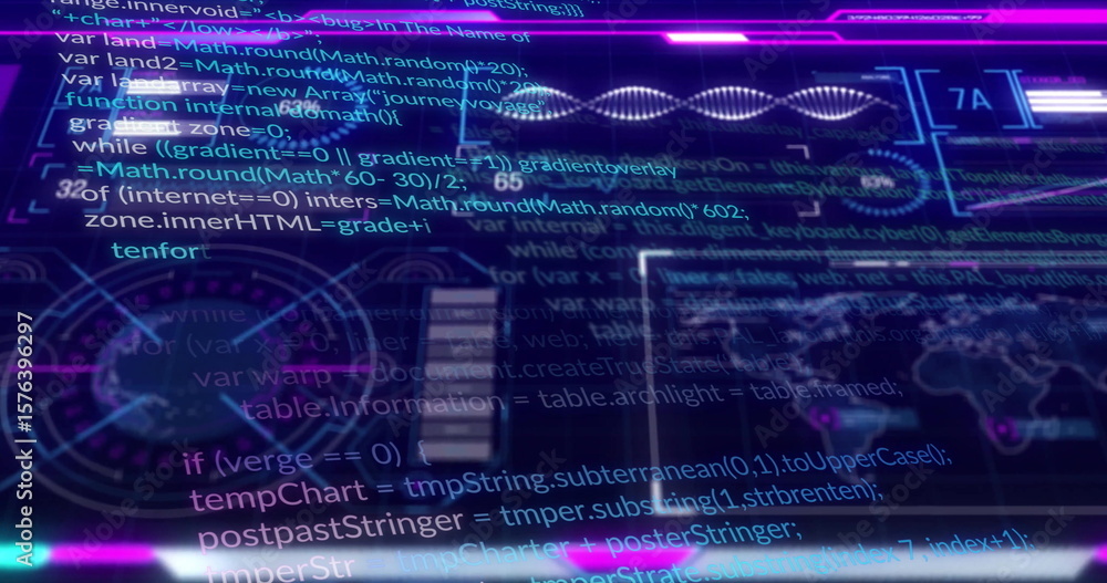 Fototapete displaying futuristic holographic interface showing code in ar display, with gauges and world map