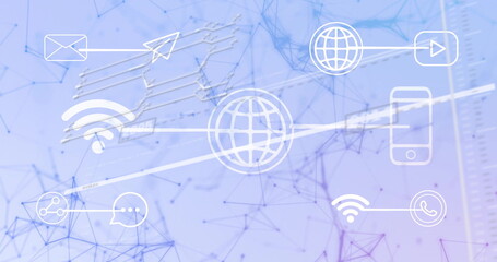 Connecting central globe icon on blue-purple gradient with various line communication icons