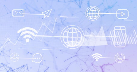 Displaying centered white globe icon on gradient background, with envelope, phone and wifi icons