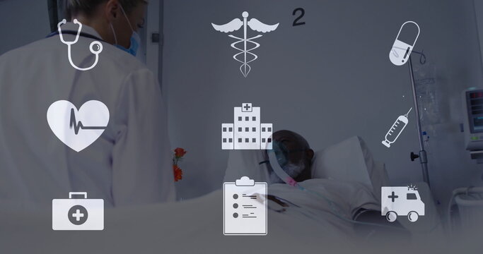Doctor monitoring patient breathing through oxygen mask in hospital ward, with IV drip and icons - Powered by Adobe