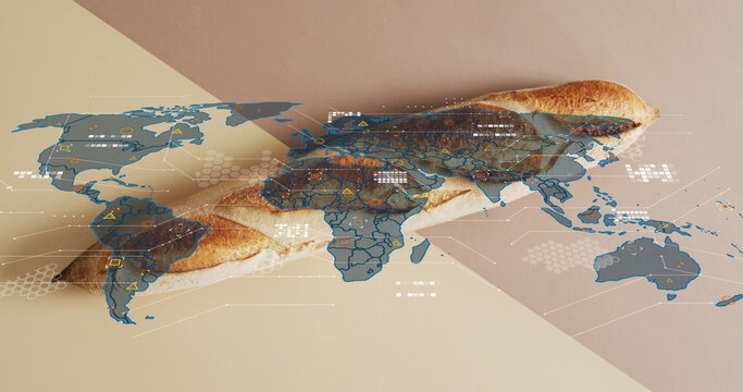 Showing crusty French baguette lying diagonally in studio, with holographic map overlay - Powered by Adobe
