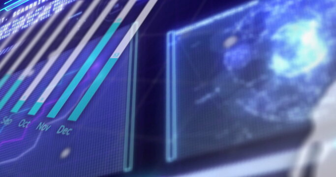 Displaying holographic bar chart panel floating in grid interface, with radial data visualization - Powered by Adobe