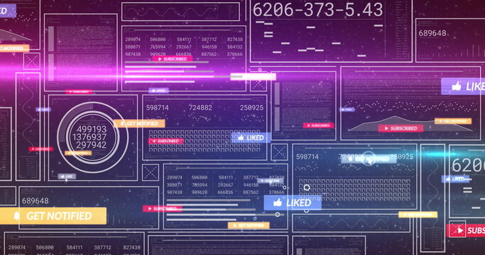 Glowing magenta light streak cutting through virtual interface, with numeric panels and charts