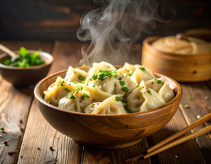 A steaming bowl of buuz, traditional Mongolian steamed dumplings, served with soy sauce on a rustic wooden table.