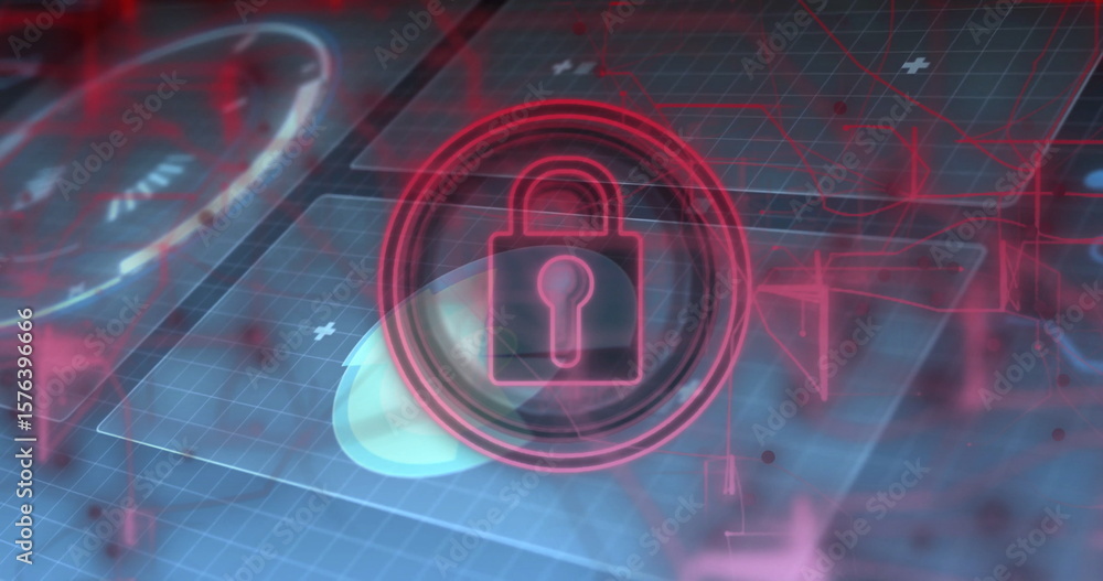 Poster floating red padlock icon hovering over holographic interface with grid panels and plus symbols