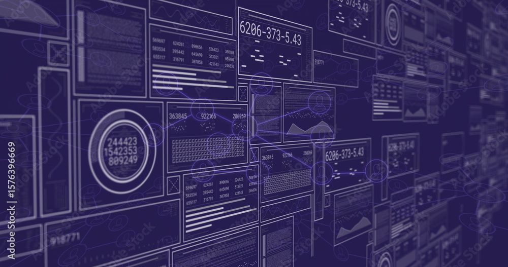 Poster Displaying rectangular digital panels clustering in dashboard, with numeric displays and charts