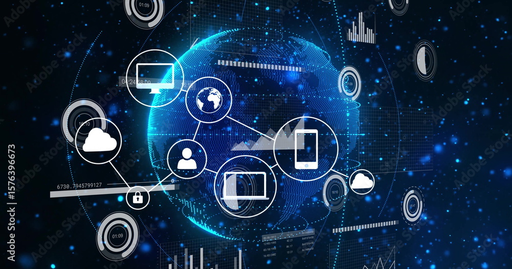 Poster floating wireframe digital globe spinning in digital network, with cloud storage and padlock icons