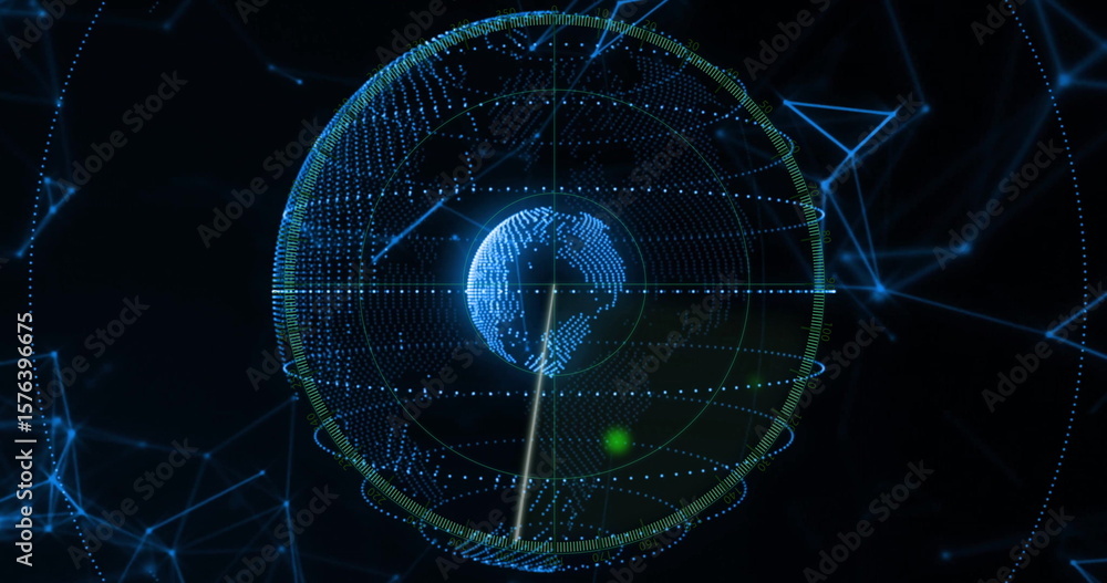 Poster displaying holographic earth globe rotating in virtual interface with spherical grid scanning beam