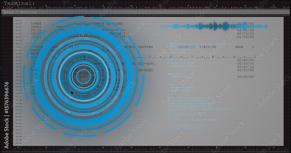 Poster Displaying concentric HUD graphic on terminal interface, showing columns, waveform and ruler scales