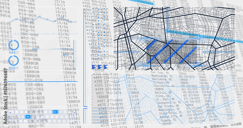 Poster displaying street-map grid featuring highlighted blue route lines on workstation screen, copy space